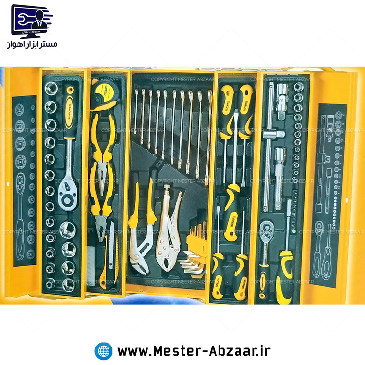 ست 85 عددی جعبه ابزار طرح دیوالت برند نئو پاور سه طبقه کامل با بکس و جغجغه و انبر قفلی و متر و انبردست و... مدل NEO POWER 85PCS