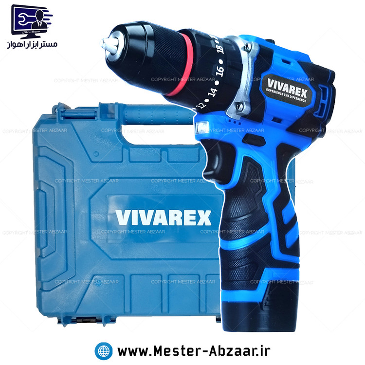 دریل پیچ گوشتی چکشی سه نظام فلزی جدید شارژی 16.8 ولت 2 باتری براشلس ویوارکس یک سال گارانتی با کیف مدل VR1682h-BL VIVAREX
