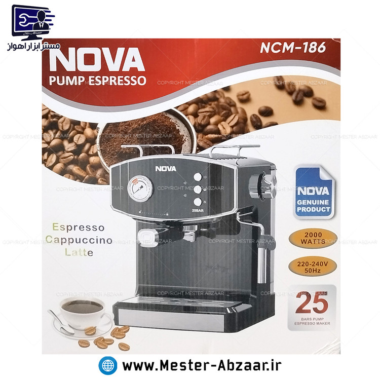 اسپرسو و قهوه ساز 2000 وات نوا اصلی کد 186 قدرت 25 بار با هواگیری رایگان مدل نووا NOVA NCM-186 اسپرسو ساز