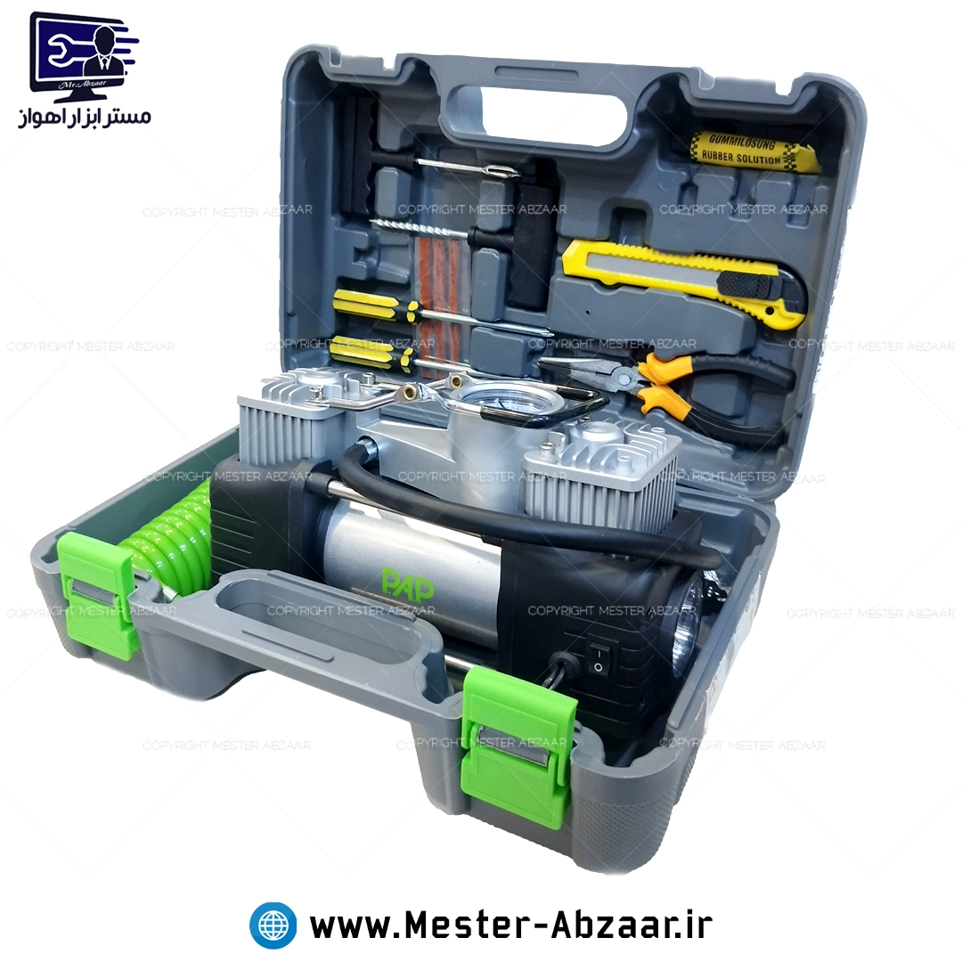 پمپ باد فندکی ماشین با گارانتی قابلیت اتصال به برق شهری قابل انتخاب دو سیلندر  برند پی ای پی PAP مدل P.A.P AC-1502 با لوازم پنچرگیری لاستیک و پمپ هوا دوچرخه