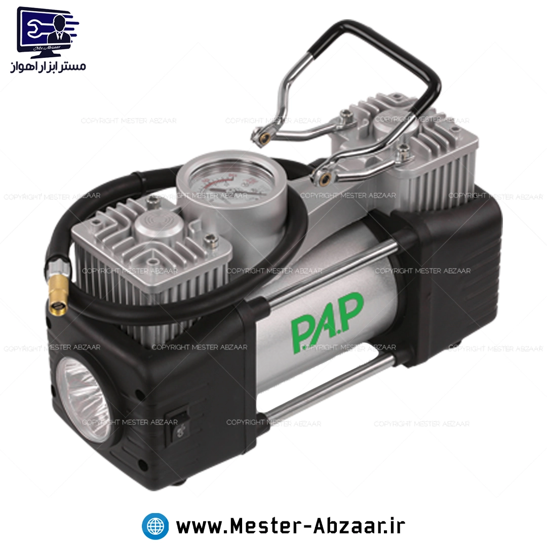 پمپ باد فندکی ماشین با گارانتی قابلیت اتصال به برق شهری قابل انتخاب دو سیلندر  برند پی ای پی PAP مدل P.A.P AC-1502 با لوازم پنچرگیری لاستیک و پمپ هوا دوچرخه