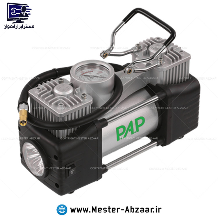 پمپ باد فندکی ماشین با گارانتی قابلیت اتصال به برق شهری قابل انتخاب دو سیلندر برند پی ای پی PAP مدل P.A.P AC-1502 با لوازم پنچرگیری لاستیک و پمپ هوا دوچرخه