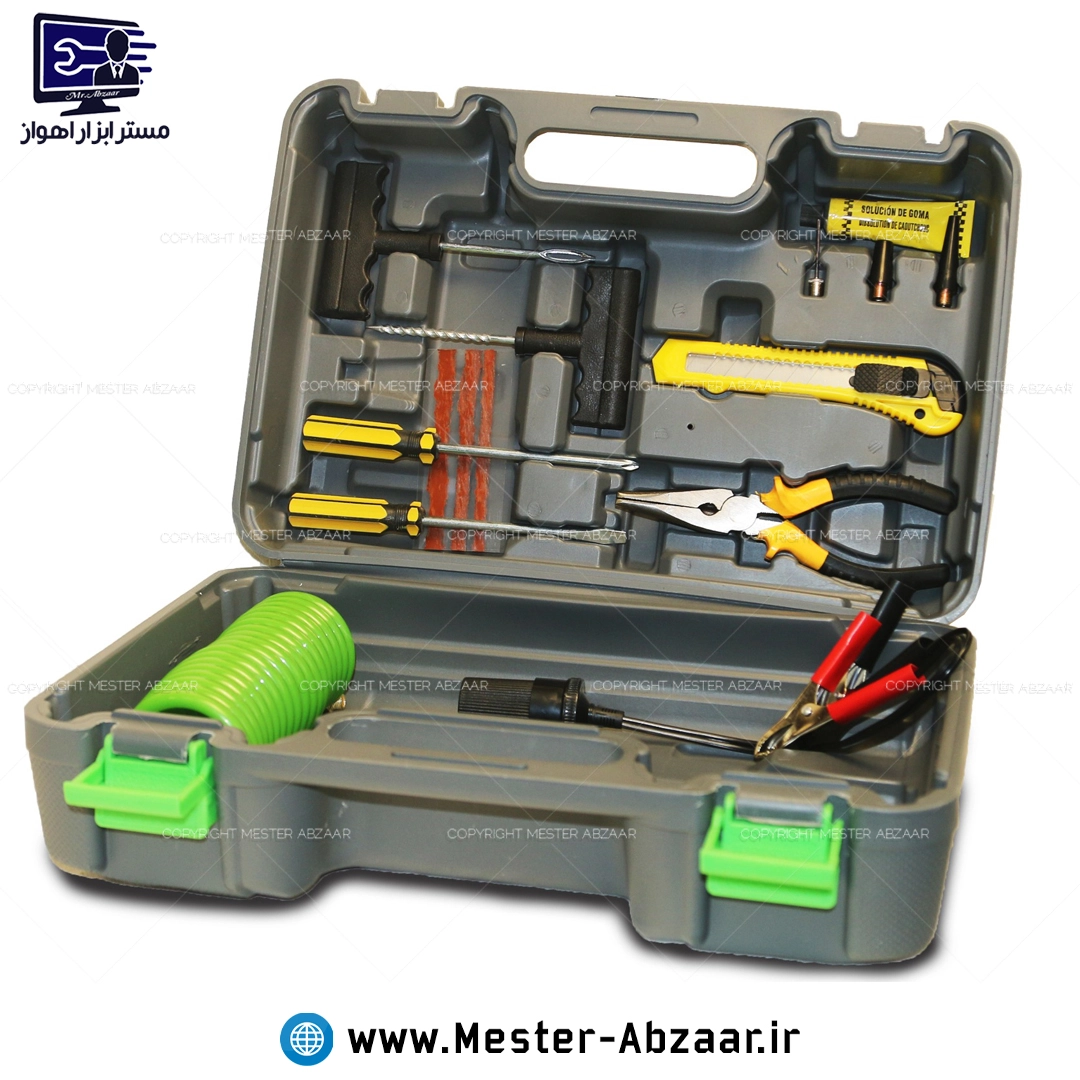 پمپ باد فندکی ماشین با گارانتی قابلیت اتصال به برق شهری قابل انتخاب دو سیلندر  برند پی ای پی PAP مدل P.A.P AC-1502 با لوازم پنچرگیری لاستیک و پمپ هوا دوچرخه
