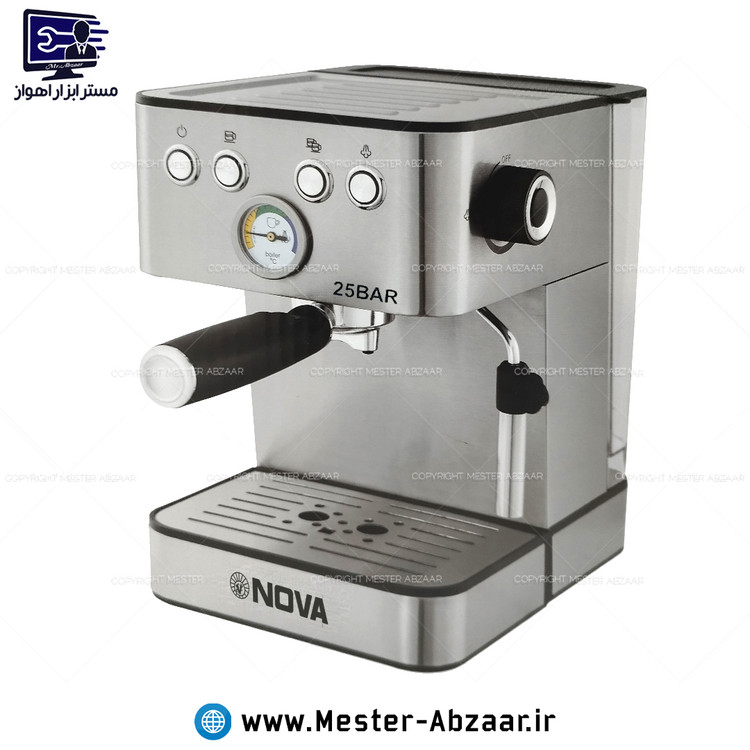 اسپرسو و قهوه ساز تمام استیل نوا 25 بار 1500 وات اتوماتیک با هواگیری رایگان کد 195 برند NOVA NCM-195EXPاسپرسوساز