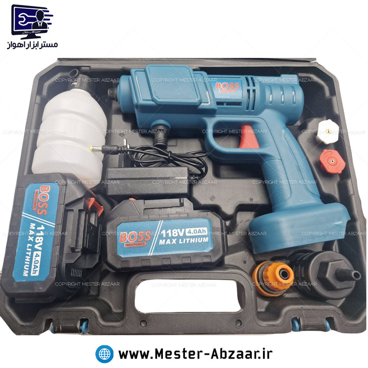 کارواش سمپاش شارژی 118 ولت دو باتری باس جدید آبی با لوازم کامل و کیف مدل BOSS NEO POWER BS-11