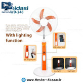 پنکه شارژی برقی ایستاده 18 اینچ کنترل دار چرخشی 5 پره 5 سرعته پاور بانک قوی ، چراغ دار چندکاره ویداسی فن پرتاب بلند مدل WEIDASI WD-248