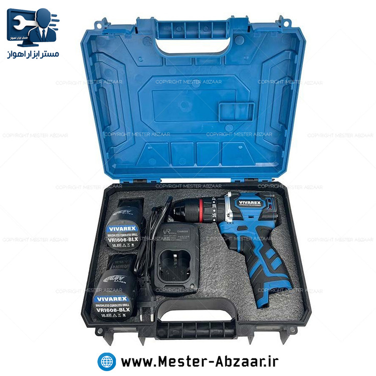 دریل پیچ گوشتی چکشی سه نظام فلزی جدید شارژی 16.8 ولت 2 باتری براشلس ویوارکس یک سال گارانتی با کیف مدل VR1682h-BL VIVAREX