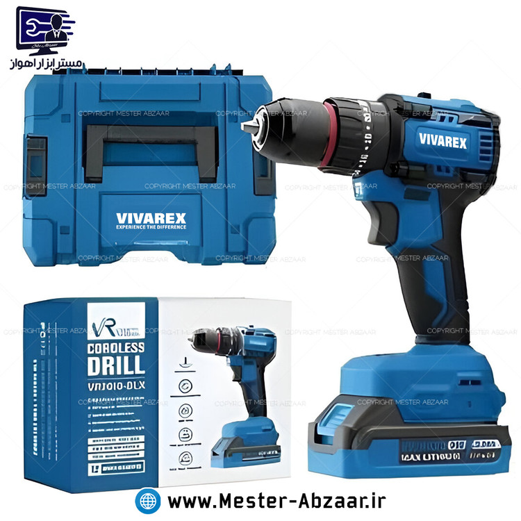 دریل پیچ گوشتی براشلس چکشی سه نظام فلزی شارژی 20 ولت 2 باتری ویوارکس یک سال گارانتی با کیف صنعتی مدل VIVAREX VR2010-BLX