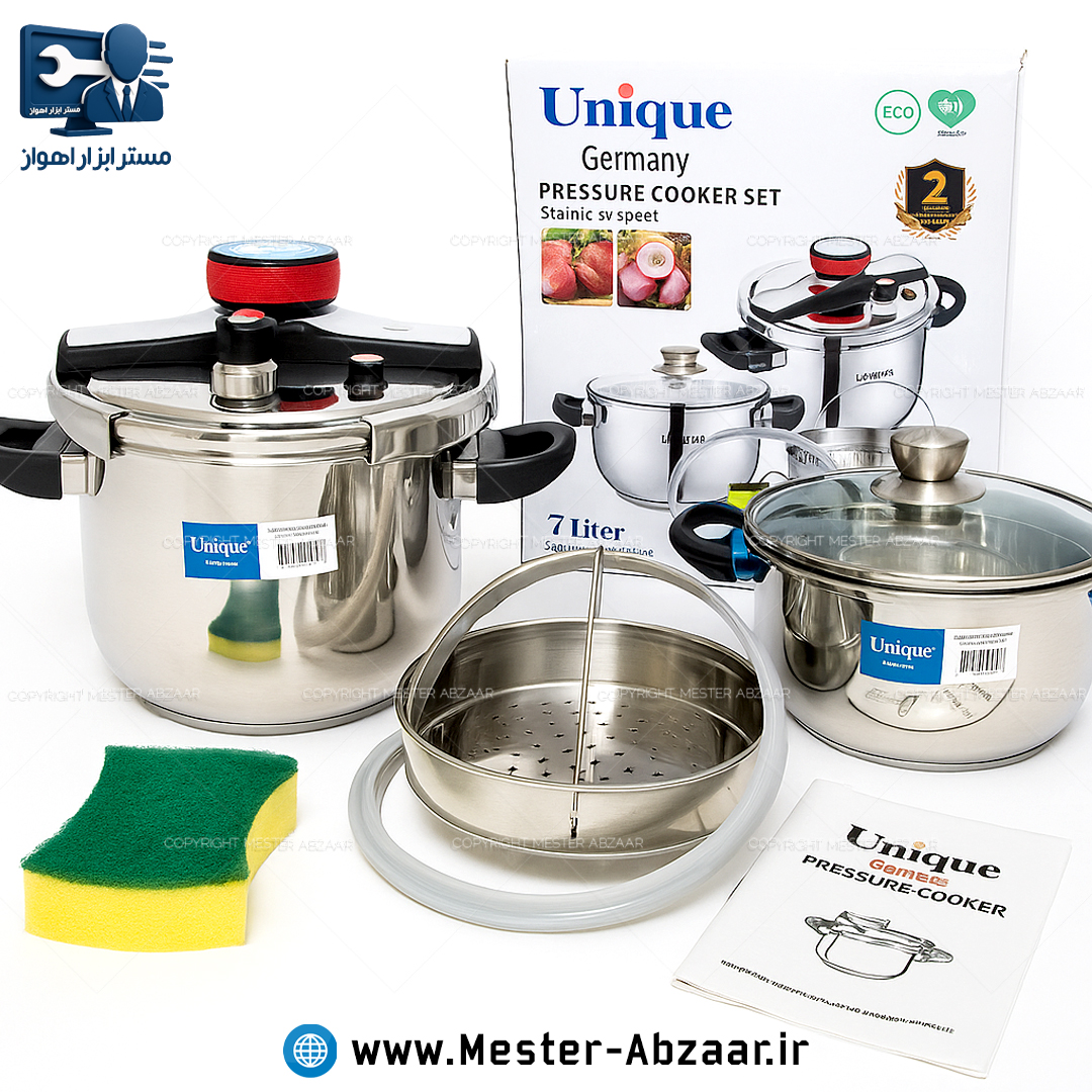 پلوپز دو قلو یونیک 8 پارچه 5 و 7 لیتر استیل لیسانس آلمان مدل UNIQUE UN-8050