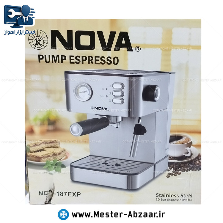 اسپرسو قهوه ساز کد 187 نوا 1000 وات بدنه استیل پمپ 20 بار هواگیری رایگان جعبه قهوه ای مدل NOVA NCM-187EXP اسپرسوساز نووا