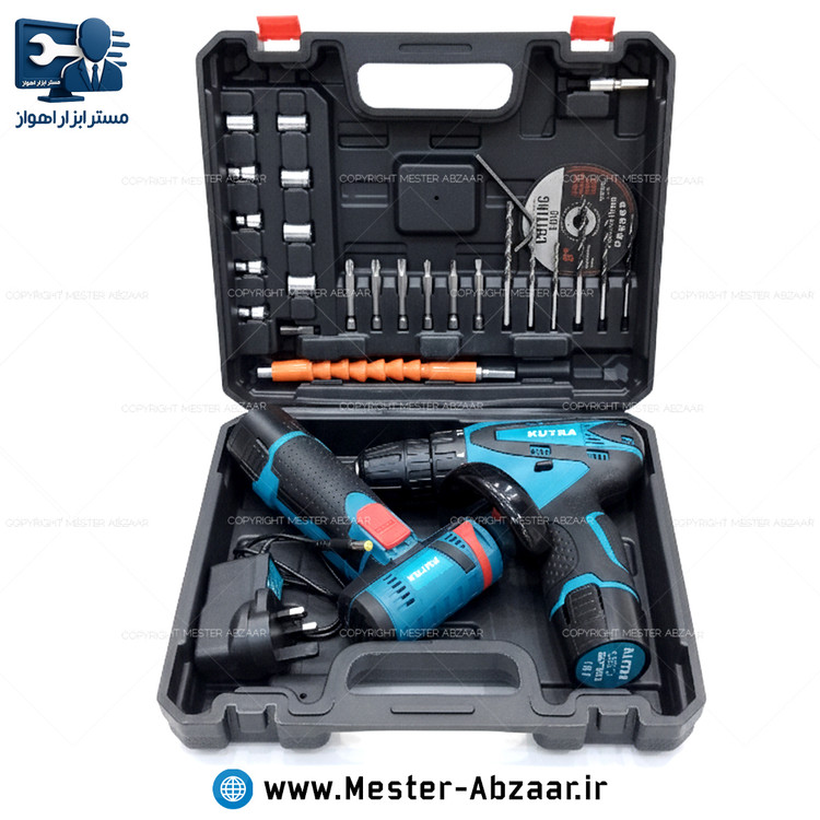 ست دریل و مینی فرز شارژی طرح ماکیتا سر خم 18 ولت با کیف و لوازم کامل برند کوترا مدل KUTRA 24PCS 18VF