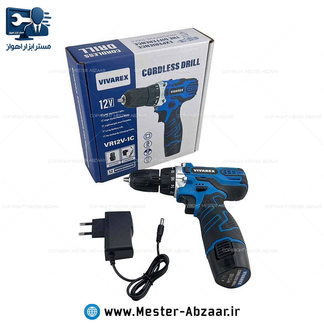 دریل شارژی 12 ولت ( دو باتری و لوازم قابل انتخاب ) یکسال گارانتی ویوارکس مدل VR12V-1C vivarex
