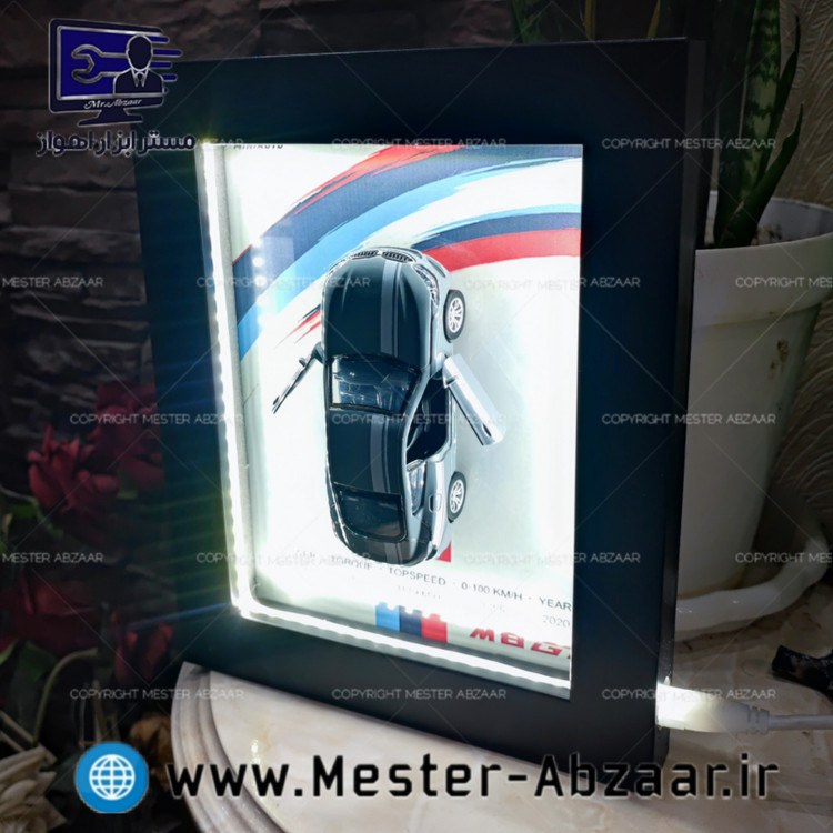 تابلو سه بعدی ماشین فلزی دکوراتیو با نورپردازیتابلو لوکس رومیزی بی ام دبلو و دیواری طرح bmw چراغ دار