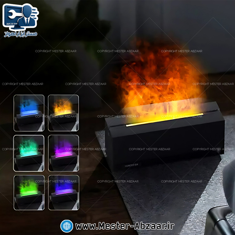دستگاه بخور سرد طرح شعله آتش مدل HUMIDIFIER رطوبت ساز مستطیل رومیزی نور رنگی