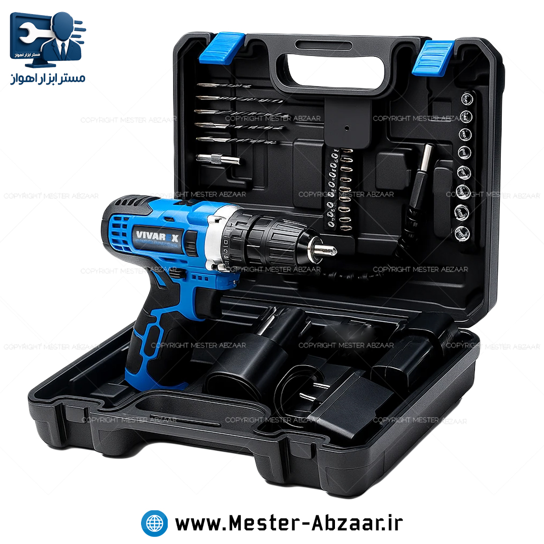 دریل پیچ گوشتی 12 ولت شارژی ویوارکس دو باتری همراه با کیف و ابزار با گارانتی مدل VIVAREX VR1210V-22A