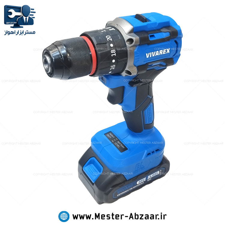 دریل پیچ گوشتی براشلس چکشی سه نظام فلزی شارژی 20 ولت 2 باتری ویوارکس یک سال گارانتی با کیف مدل VIVAREX VR2010V-IBL