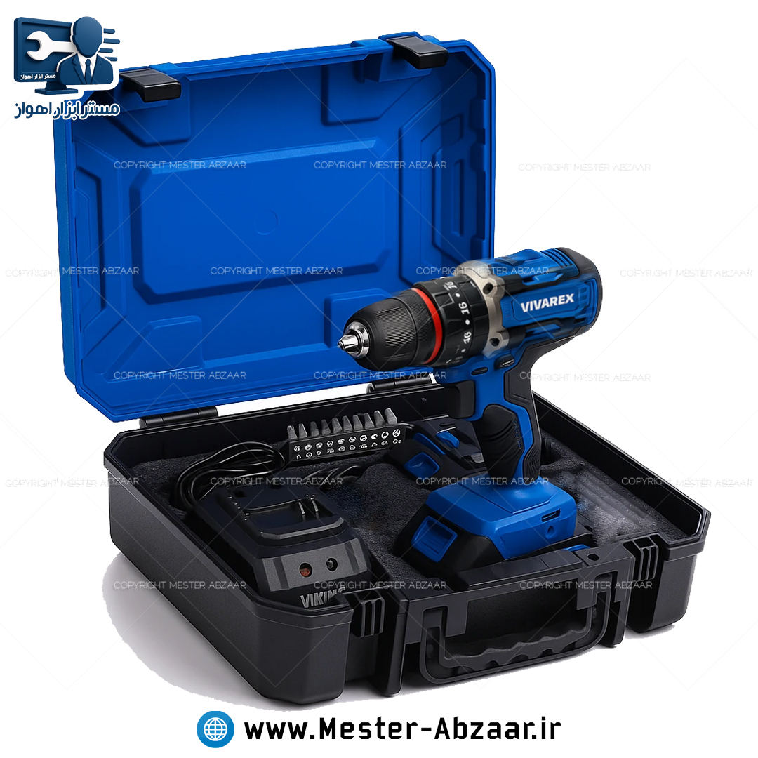 دریل پیچ گوشتی براشلس چکشی سه نظام فلزی شارژی 20 ولت 2 باتری ویوارکس یک سال گارانتی با کیف مدل VIVAREX VR2010V-IBL