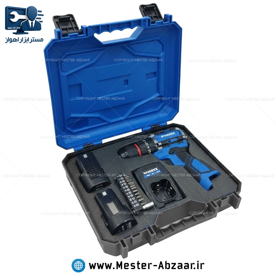 دریل پیچ گوشتی براشلس چکشی سه نظام فلزی شارژی 16.8 ولت 2 باتری ویوارکس یک سال گارانتی با کیف مدل VIVAREX VR1610V-21BL