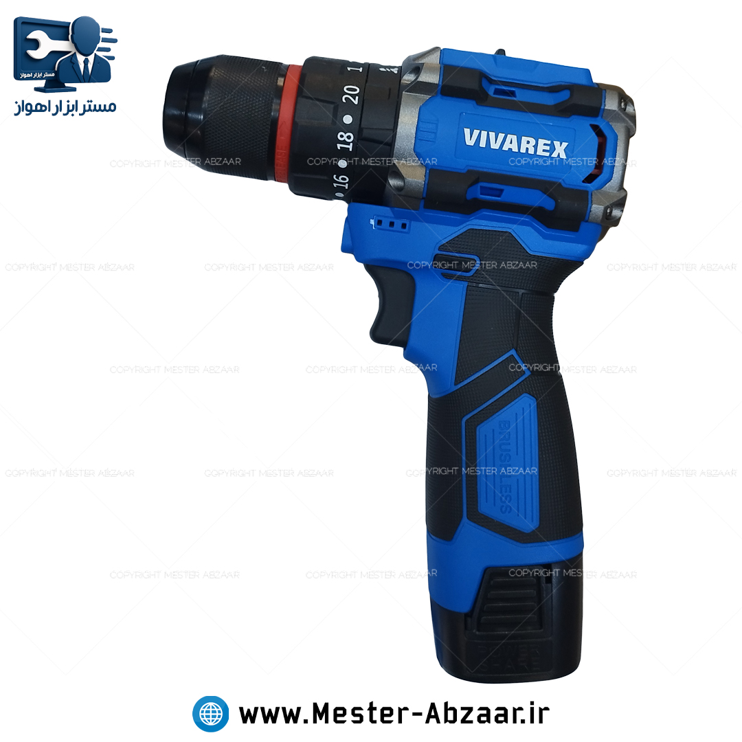 دریل پیچ گوشتی براشلس چکشی سه نظام فلزی شارژی 16.8 ولت 2 باتری ویوارکس یک سال گارانتی با کیف مدل VIVAREX VR1610V-21BL