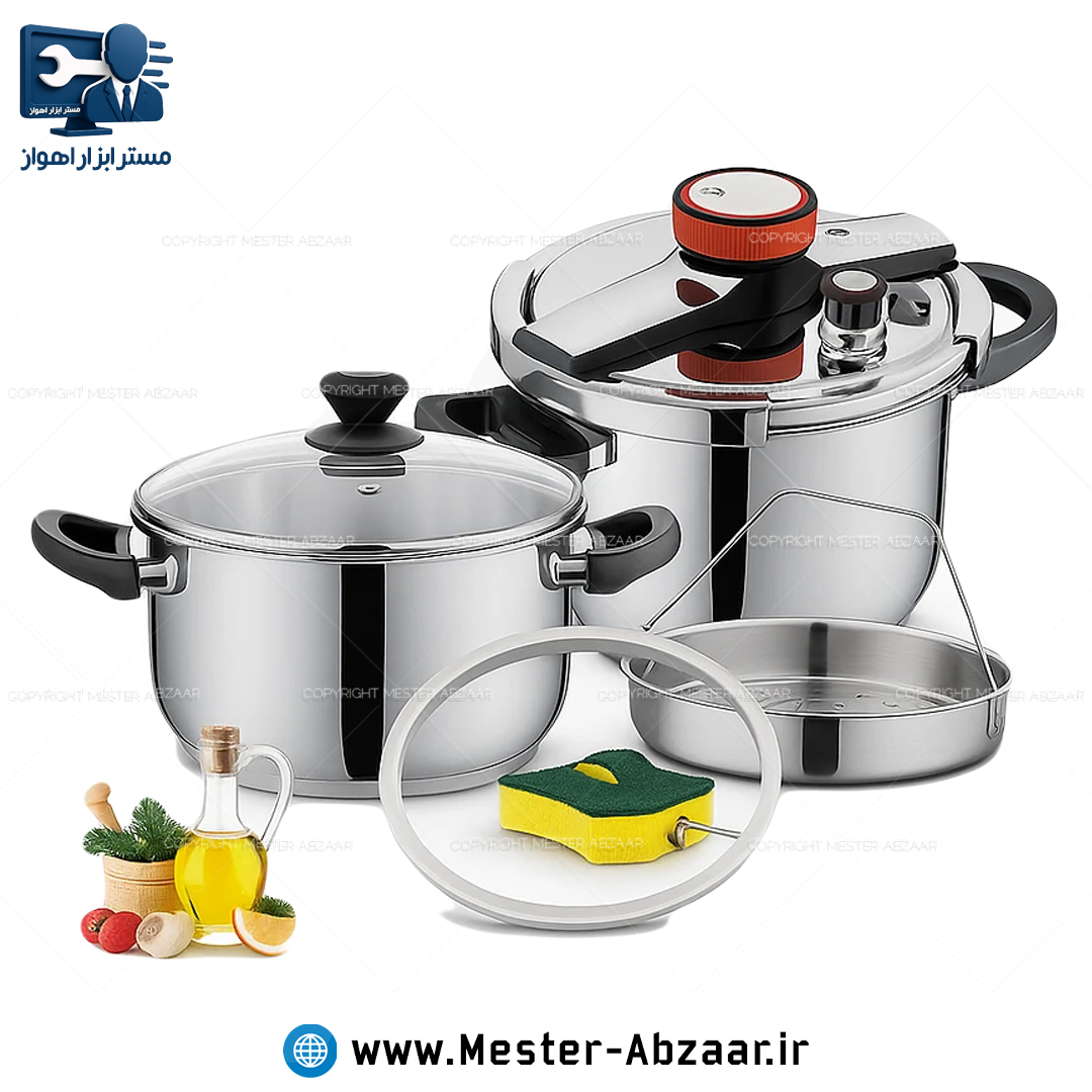 زودپز و بخار پز دو قلو تفال 8 پارچه 5 و 7 لیتر استیل مدل  TEFAL 5+7litr