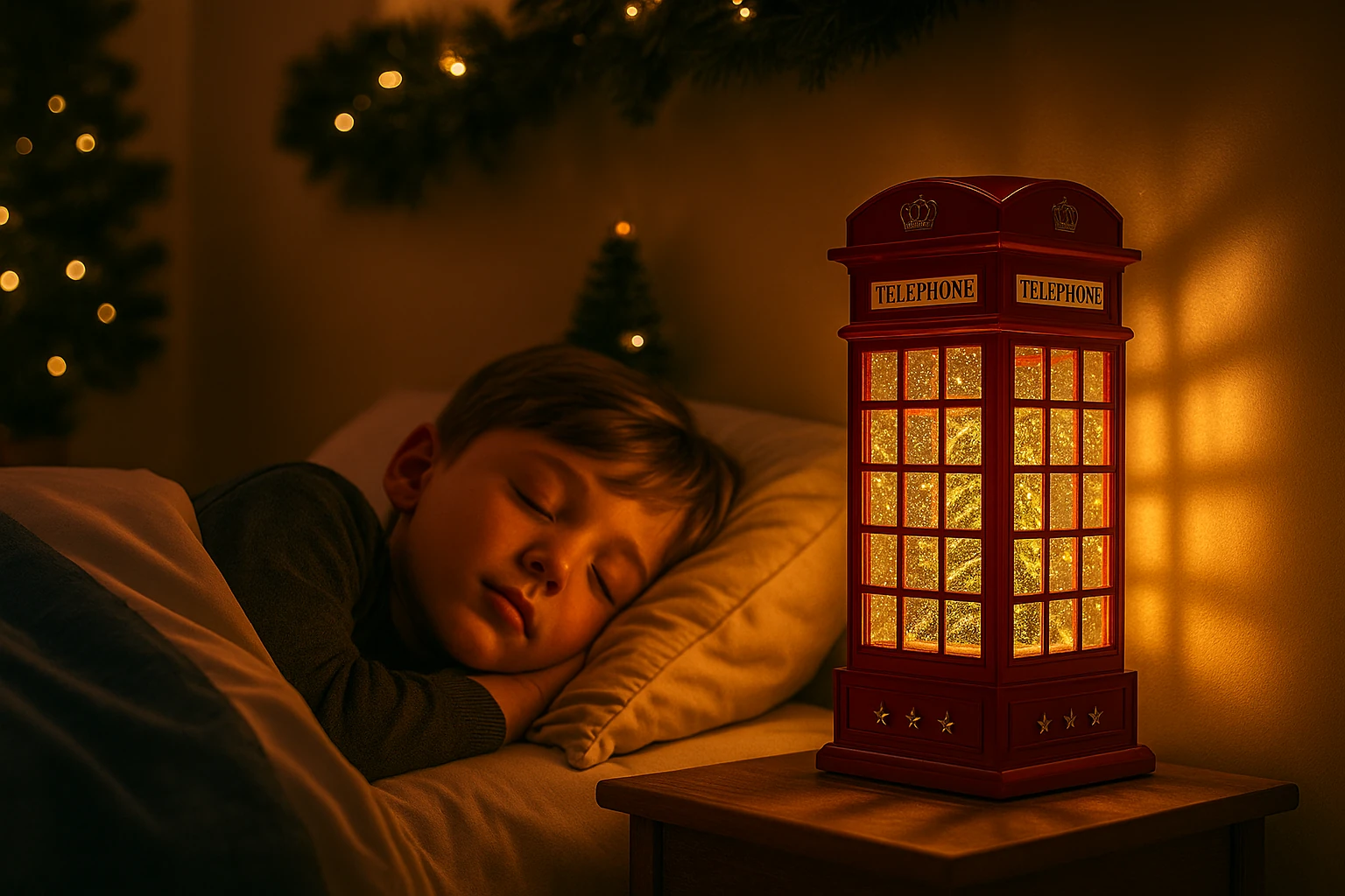 چراغ خواب موزیکال شبیه ساز بارش برف طرح باجه تلفن کریسمس TELEPHON LIGHT