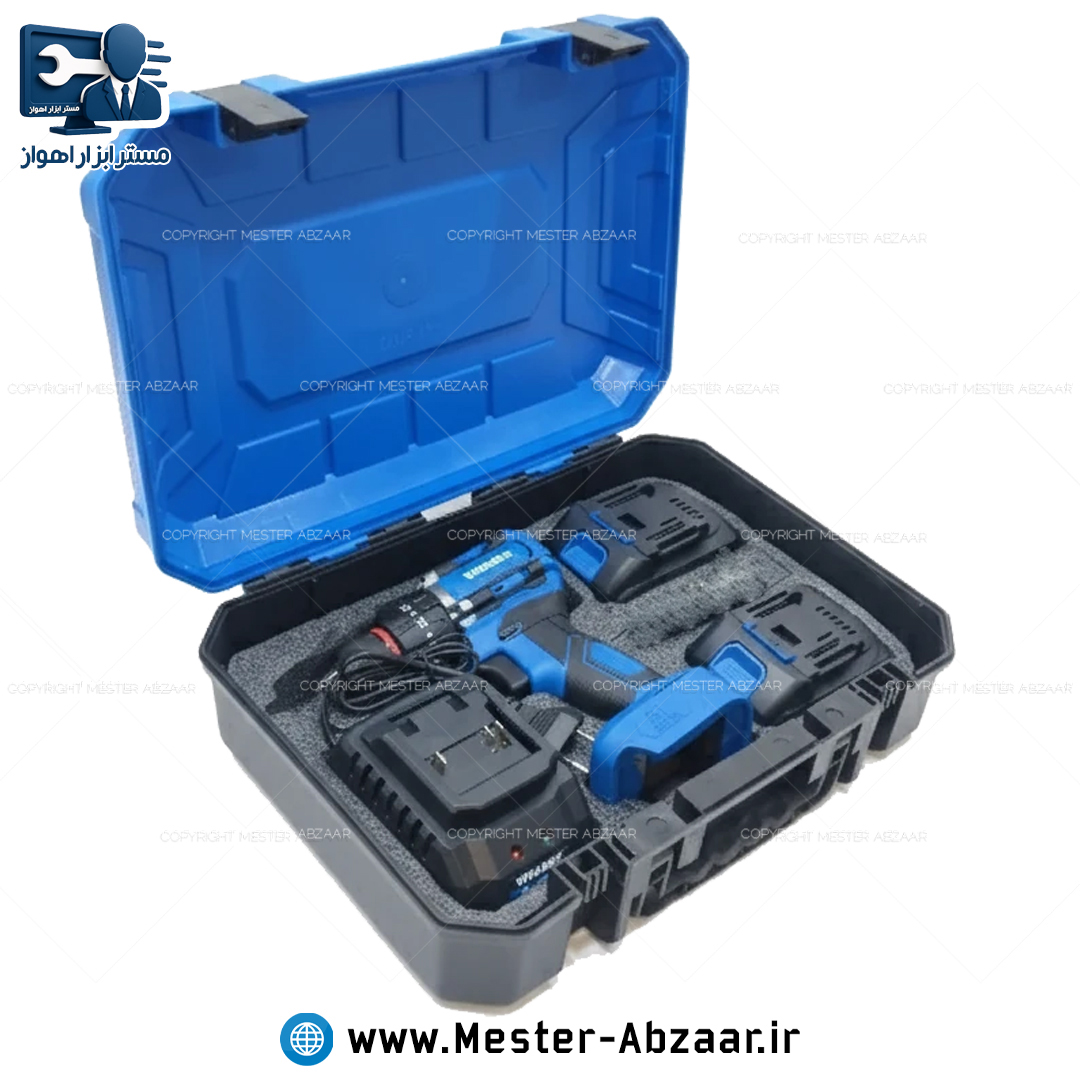 دریل پیچ گوشتی براشلس چکشی سه نظام فلزی شارژی 20 ولت 2 باتری ویوارکس یک سال گارانتی با کیف مدل VIVAREX VR2010V-IBL