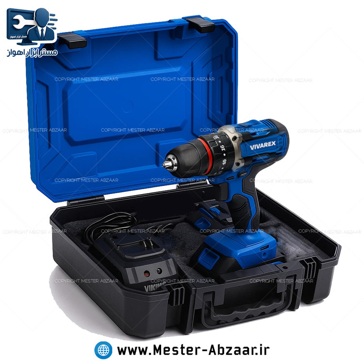 دریل پیچ گوشتی براشلس چکشی سه نظام فلزی شارژی 20 ولت 2 باتری ویوارکس یک سال گارانتی با کیف مدل VIVAREX VR2010V-IBL
