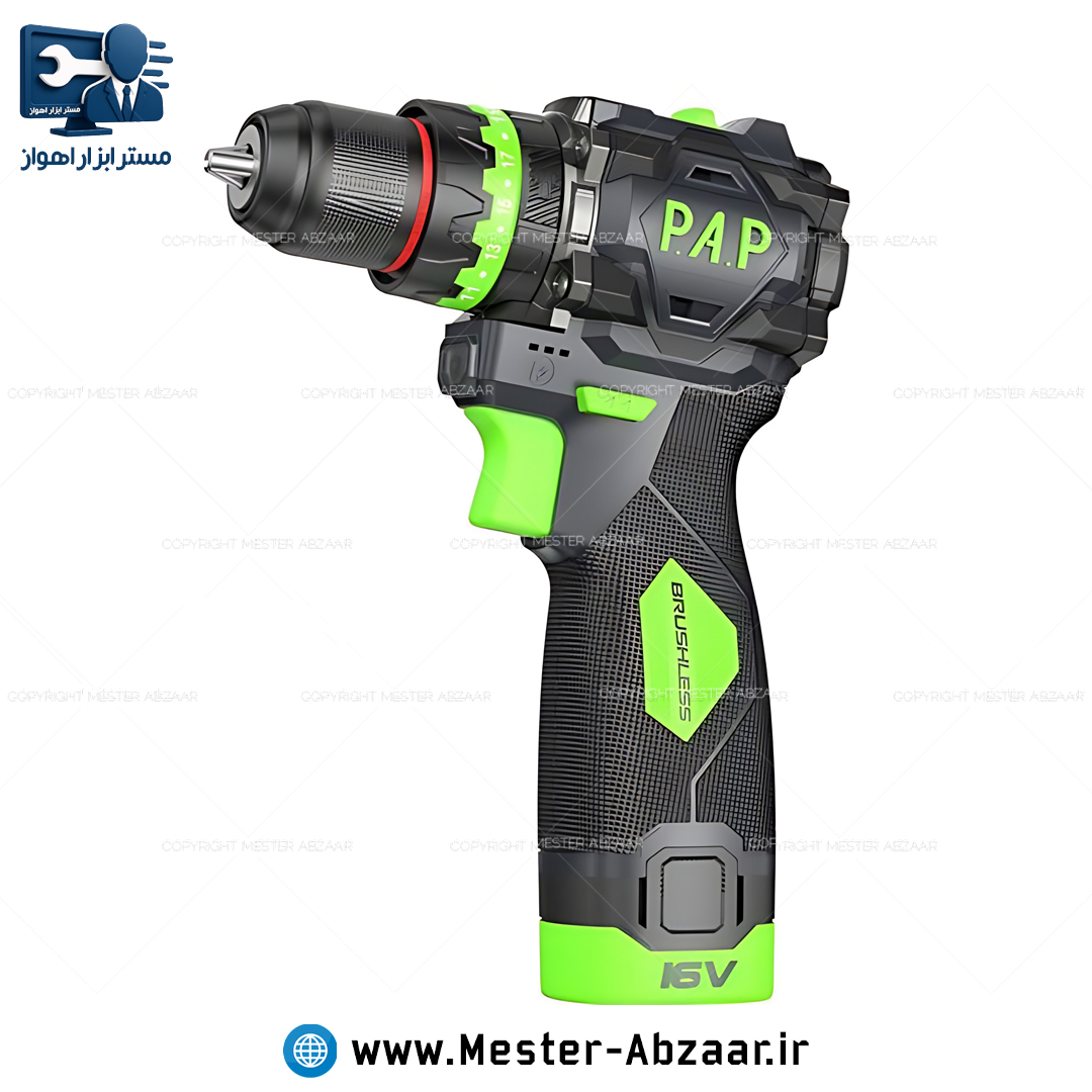 دریل پیچ گوشتی براشلس سه نظام فلزی شارژی 16 ولت 2 باتری پی ای پی با گارانتی و کیف مدل P.A.P BID-1615