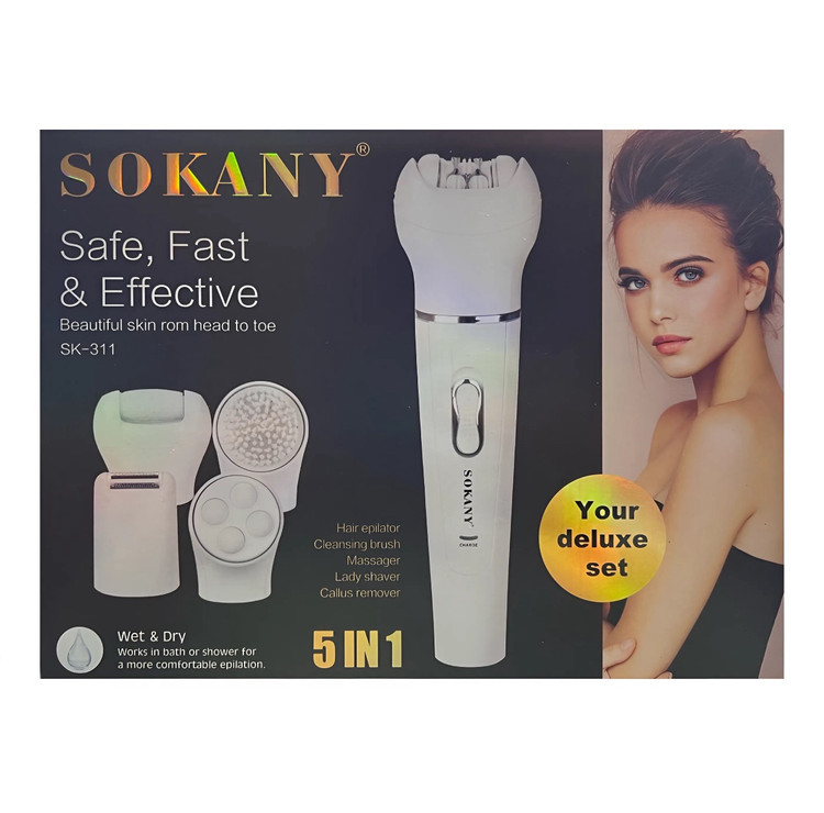 اپیلاتور شارژی 5 کاره شیور ماساژور فیس براش موکن برند سوکانی مدل SK-311 SOKANY سنگ پا