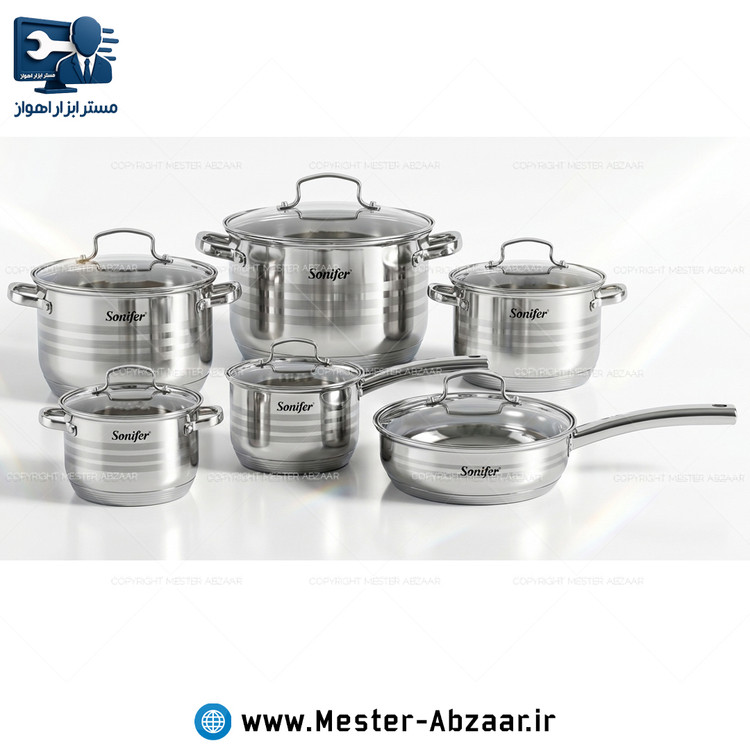 سرویس قابلمه 12 پارچه تمام استیل برند سونیفر درب شیشه ای SONIFER SF-1145