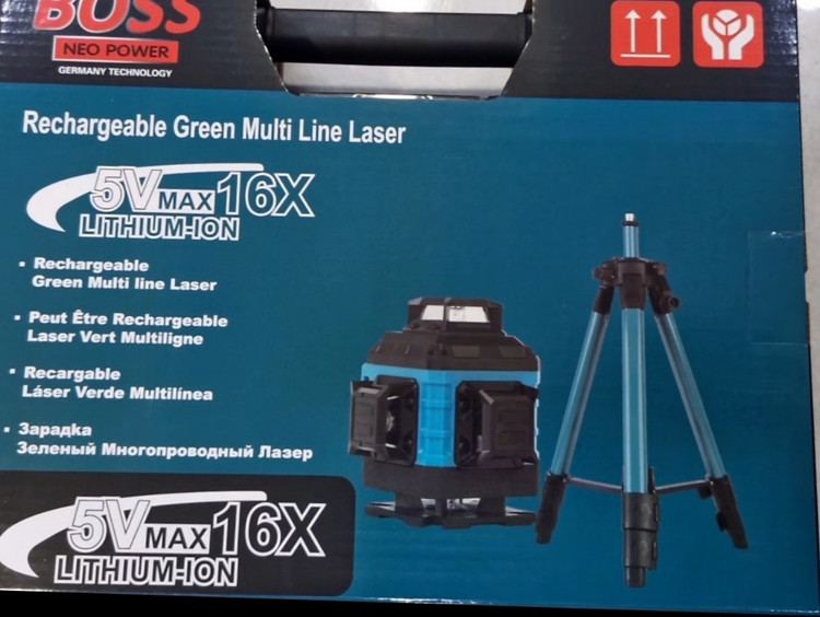 تراز لیزری ۱۶ خط 4 بعدی دیجیتال برند باس با سه پایه نور سبز شارژی ۳۶۰ درجه طرح ماکیتا لوازم کامل مدل Laser level 4D