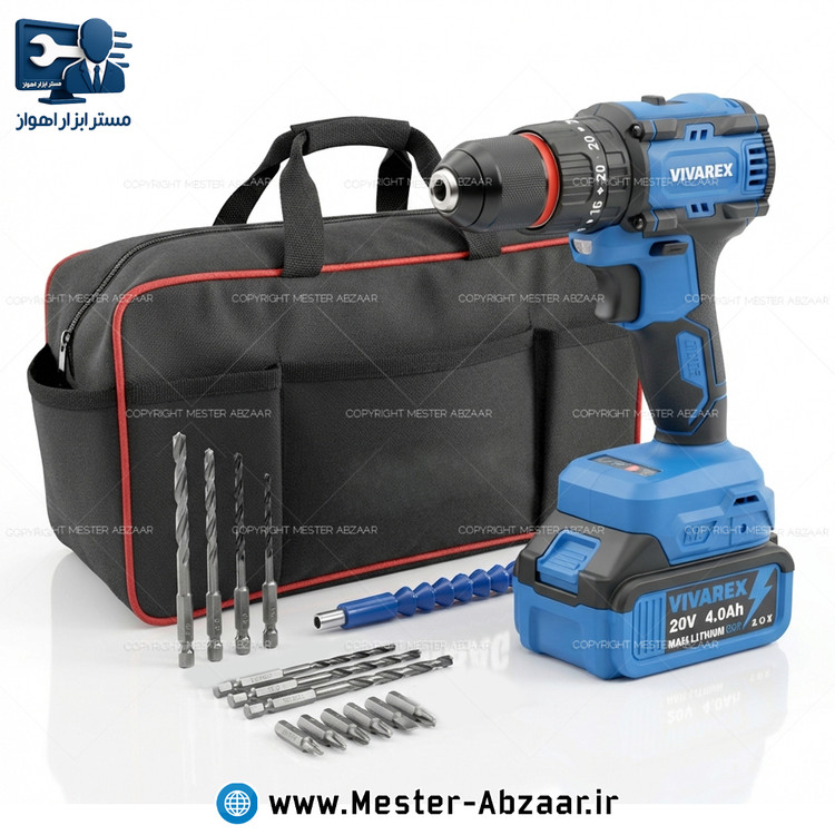 دریل پیچ گوشتی براشلس چکشی سه نظام فلزی شارژی 20 ولت 4 آمپر ویوارکس با گارانتی با کیف برزنتی مدل VIVAREX VR2410-IDK