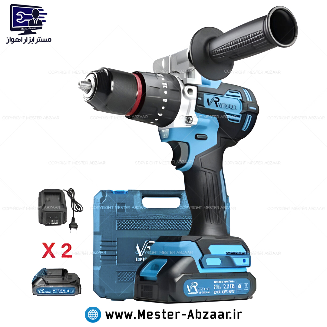 دریل پیچ گوشتی براشلس چکشی سه نظام فلزی شارژی 20 ولت 2 باتری ویوارکس یک سال گارانتی با کیف مدل VIVAREX VR2102V-22BL