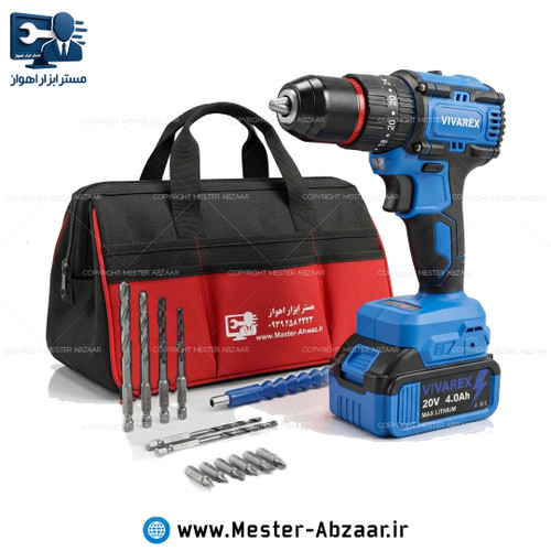 دریل پیچ گوشتی براشلس چکشی سه نظام فلزی شارژی 20 ولت 4 آمپر ویوارکس با گارانتی با کیف برزنتی مدل VIVAREX VR2410-IDK