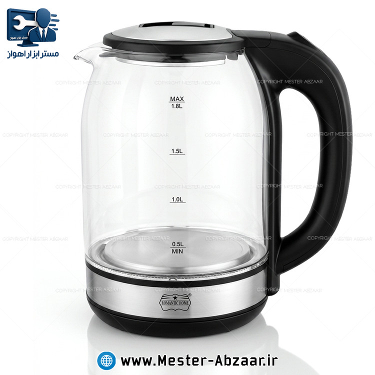 کتری برقی شیشه ای 1.8 لیتری 1500 وات رومانتیک هوم مدل ROMANTIC HOME PERRY7R