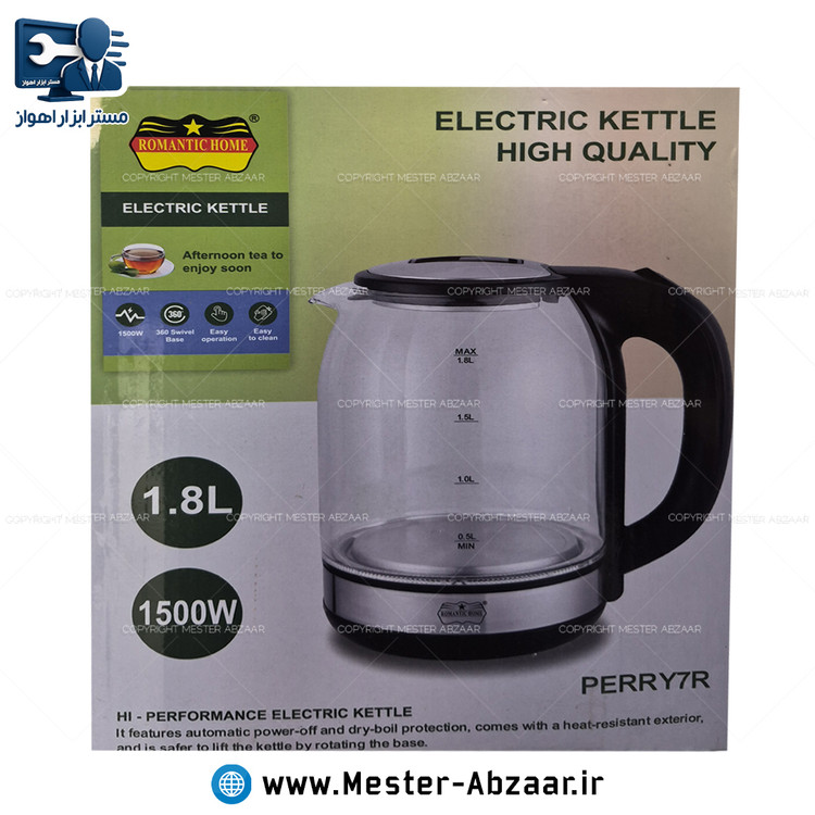 کتری برقی شیشه ای 1.8 لیتری 1500 وات رومانتیک هوم مدل ROMANTIC HOME PERRY7R