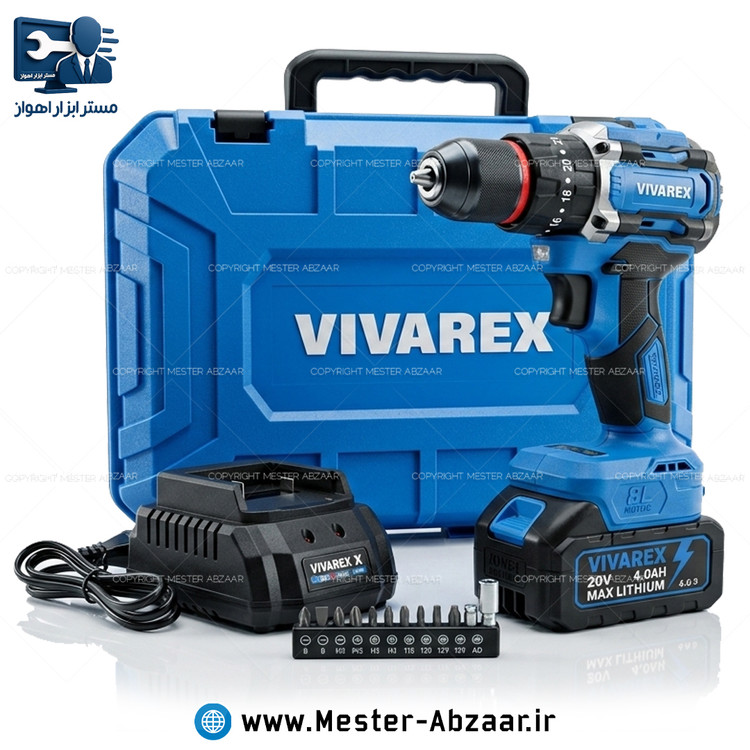 دریل پیچ گوشتی براشلس چکشی شارژی 20 ولت 4 آمپر ویوارکس با گارانتی سری سریال VIVAREX VR2010VBL