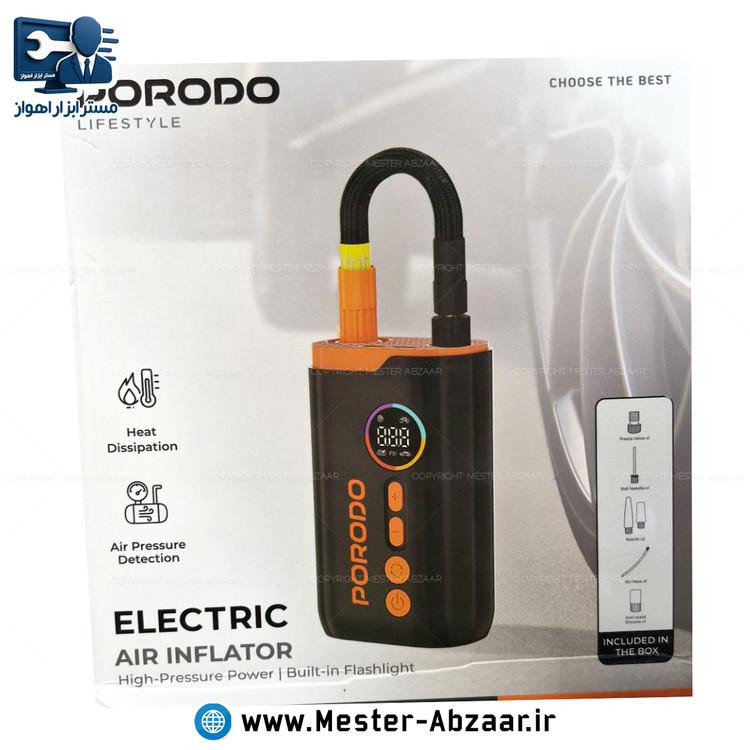 پمپ باد شارژی خودرو اتوماتیک با قطع کن دیجیتال پرودو پرتابل مدل PORODO PDLFST181BK
