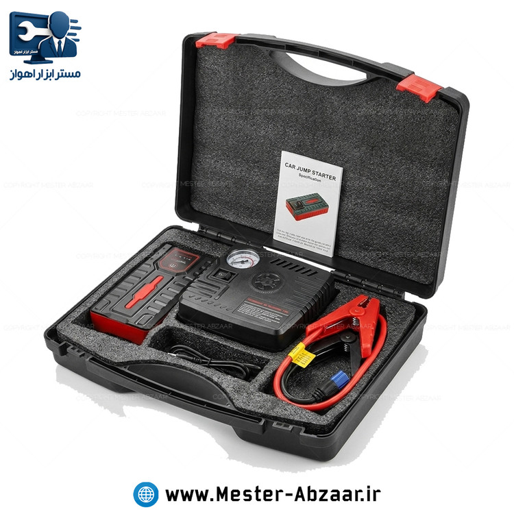 پاوربانک و جامپ استارتر و پمپ باد شارژی خودرو همراه چراغ فلاشر مدل all new 2025 model با کیف