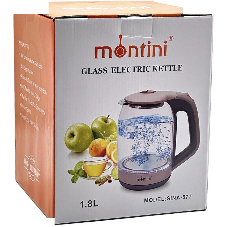 کتری برقی شیشه ای برند مونتینی 1500 وات 1.8 لیتر برند MONTINI SINA-577