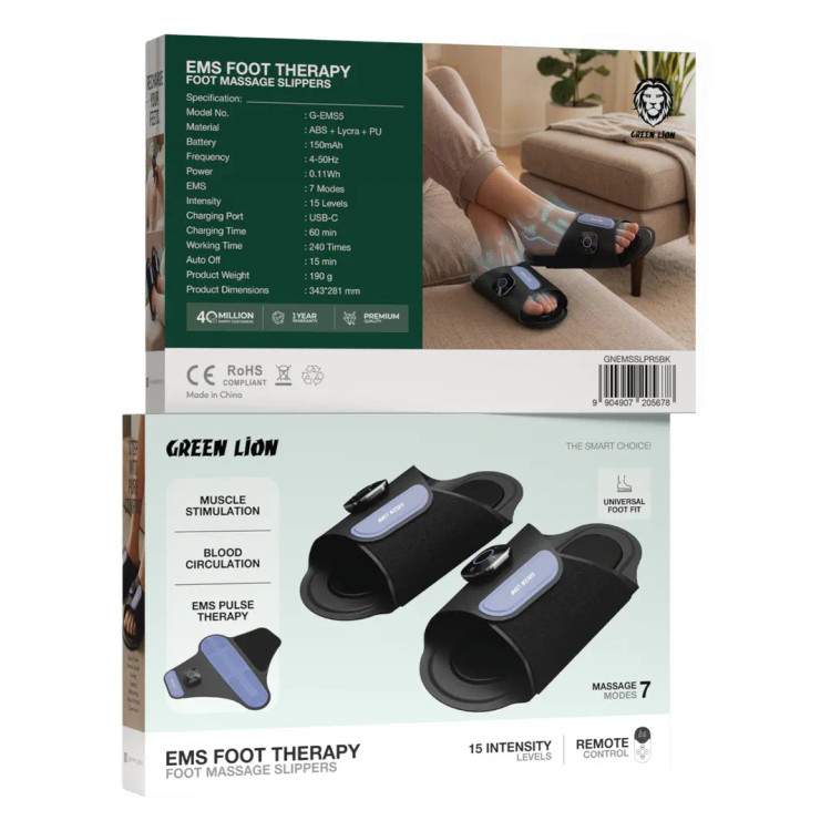 دمپایی ماساژ درمانی پا برند گرین لاین شارژی قابل حمل Green Lion ماساژور با فناوری EMS - مشکی