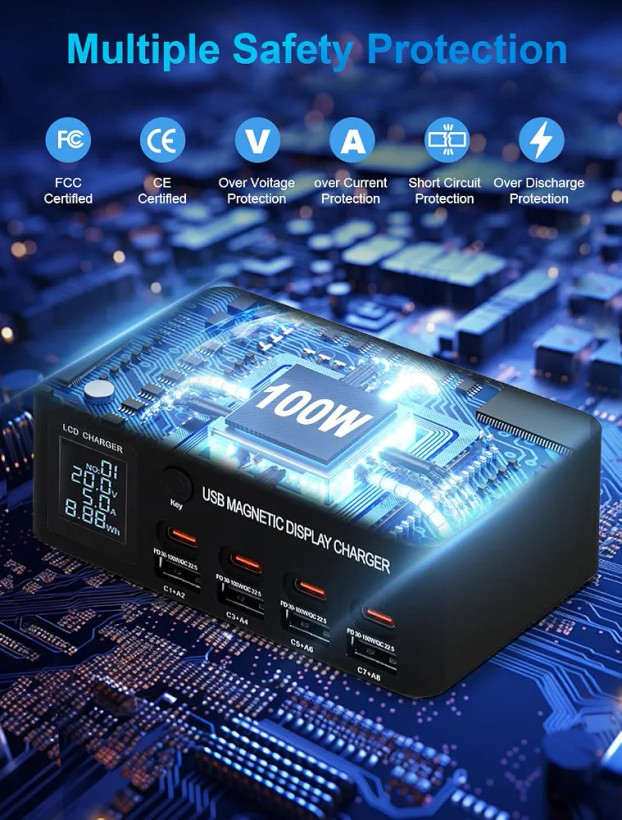 گجت برقی ایستگاه مولتی شارژر دیجیتال ۸ پورت (USB و Type-C) با توان ۱۰۰ وات فست شارژ WLX-818D+