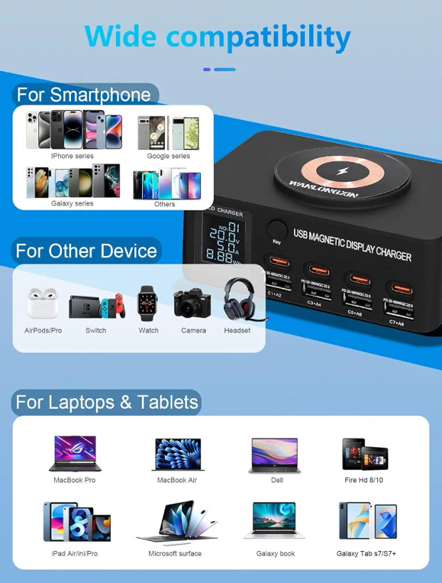 گجت ایستگاه شارژ ۸ پورت USB با توان ۱۰۰ وات فست شارژ WLX-818D+