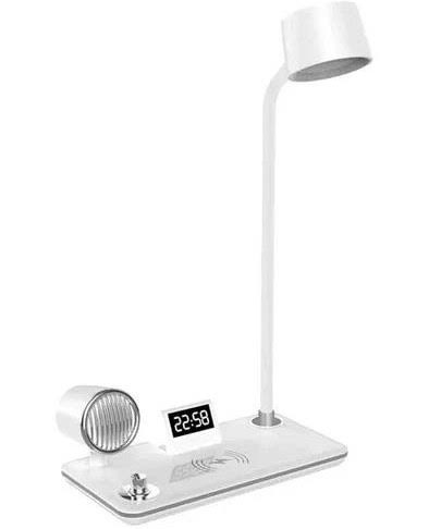 شارژر وایرلس چهار کاره اسپیکر دار و چراغ مطالعه رنگ سفید مدل  15W bt speaker 4 in 1 بی سیم چراغ خواب لمسی بلوتوثی