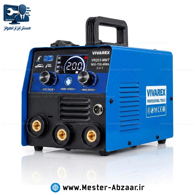 اینورتر جوشکاری CO2 و MMA و آرگون مینی میگ 203 ویوارکس با گارانتی مدل VIVAREX VR203-MMT جوش بدون گاز مینی توپودری موتورجوش چند کاره
