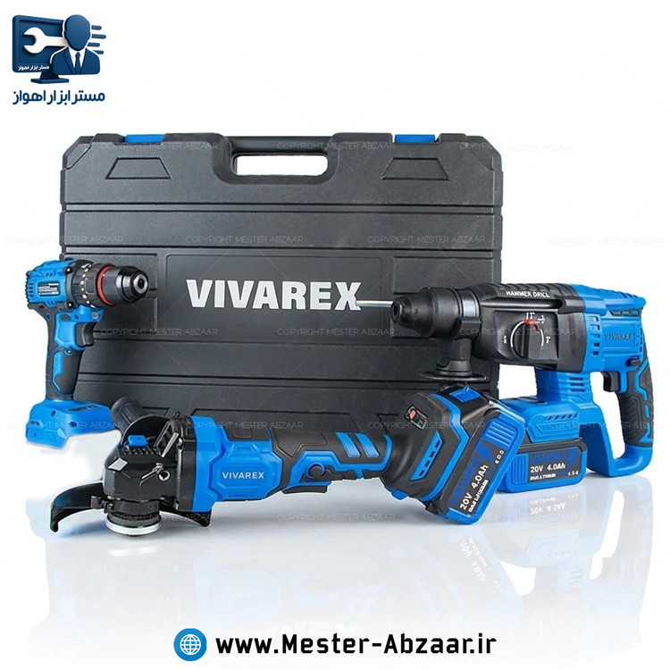 کیت شارژی 3 عددی براشلس برند ویوارکس 2 باتری با گارانتی مدل VIVAREX VR2403-BCK مینی فرز دریل تخریب شارژی بتن کن