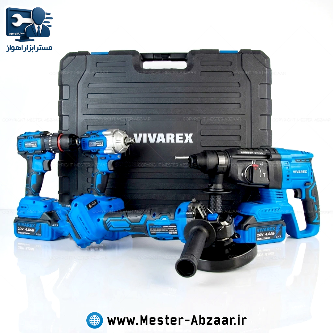 کیت ابزار شارژی 4 عددی ( دریل / مینی فرز / بکس / بتن کن ) براشلس برند ویوارکس با 3 باتری و گارانتی مدل VIVAREX VR2404-BCK
